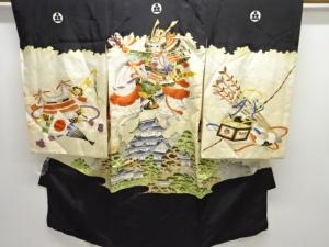 アンティーク　騎馬武者模様刺繍紋付男児着物(内袖・長襦袢付き)